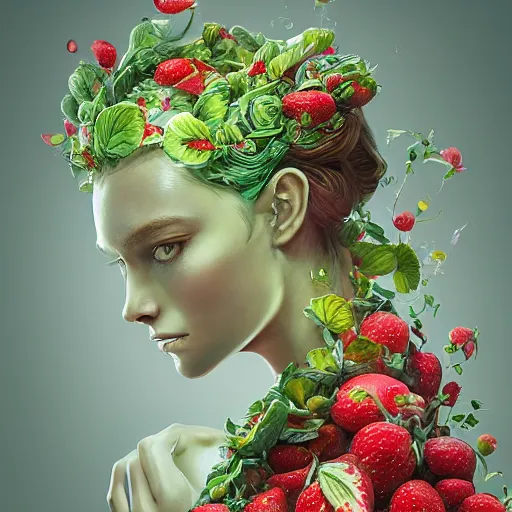 Prompt: the portrait of an absurdly beautiful, graceful, elegant, young woman made of strawberries and green petals shy, an ultrafine hyperdetailed illustration by kim jung gi, irakli nadar, intricate linework, bright colors, octopath traveler, final fantasy, angular, unreal engine 5 highly rendered, global illumination, radiant light, detailed and intricate environment