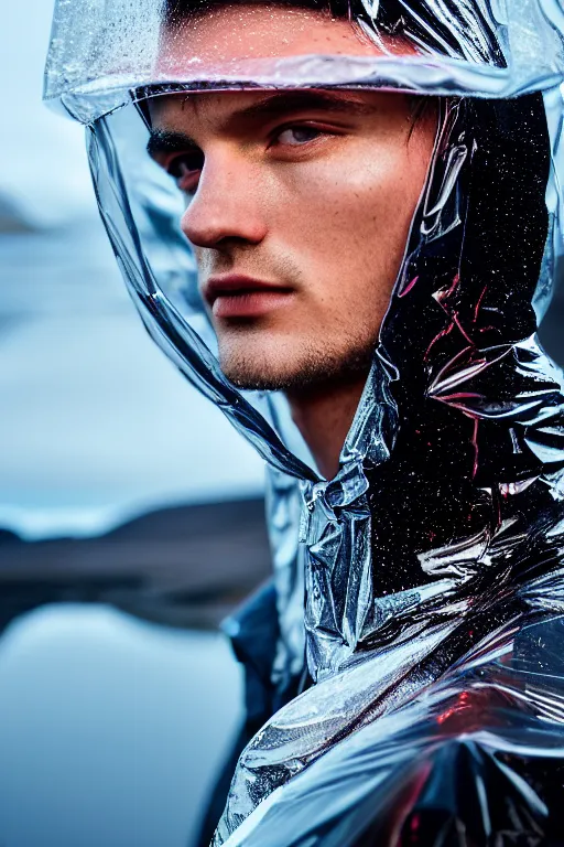 Image similar to an ultra high definition professional high fashion portrait studio full length photograph of a male model wearing a transparent pearlescent raincoat and neon visor in an icelandic black rock environment at dawn. no artefacts. extremely detailed. stark. refraction. shallow depth of field. volumetric light and shadow. ray tracing. light rays.