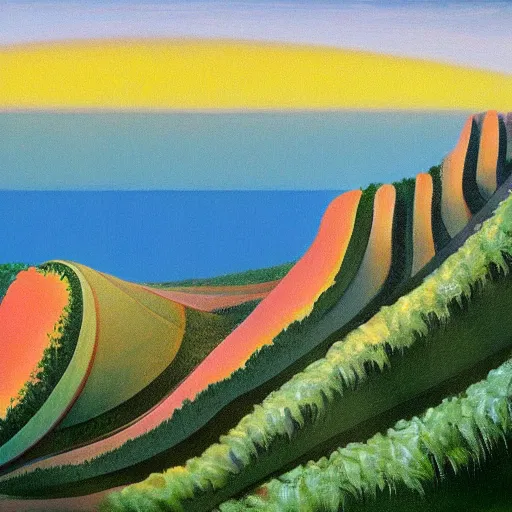 Image similar to painting of a lush natural scene on an alien planet by wayne thiebaud. beautiful landscape. weird vegetation. cliffs and water.