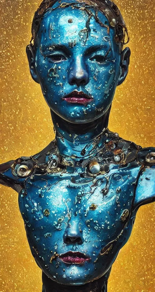 Prompt: hyperrealism oil painting, close-up portrait of melting medieval fashion model, melted cyborg, ocean pattern mixed with star sky, in style of classicism mixed with 70s japan book art