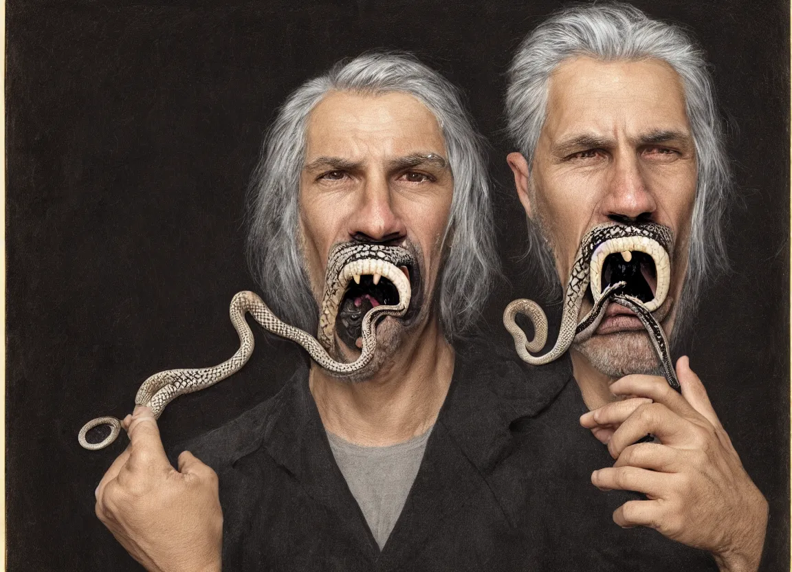 Image similar to Highly detailed portrait of a man with gray hair, a black eye patch, and a snake in his mouth