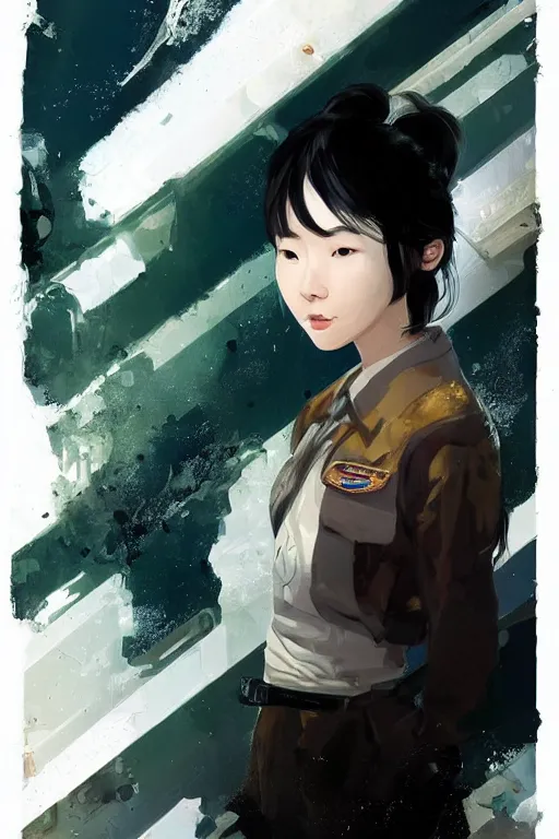 Prompt: highly detailed portrait of a hopeful young korean astronaut lady with a wavy black hair, by Dustin Nguyen, Akihiko Yoshida, Greg Tocchini, Greg Rutkowski, Cliff Chiang, 4k resolution, gravity rush inspired, metal gear solid inspired, dishonored inspired, vibrant but dreary but upflifting like green, black and white color scheme!!! ((Space nebula background))