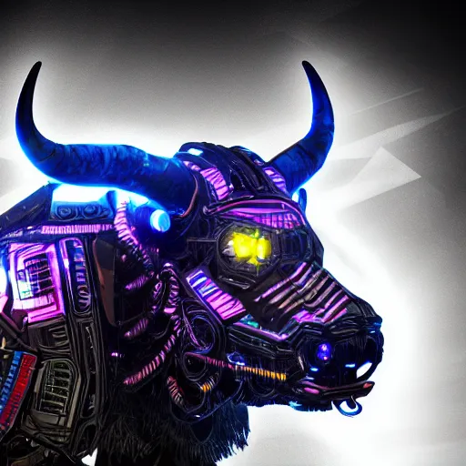 Image similar to a cybertronic bison, leds, high detail, sharp, studio, digital art