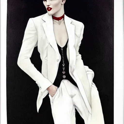 Image similar to stunning portrait of androgynous ruby rose as desire from sandman in a white tuxedo!!!, rockabilly style, by frank moth, by alphonse mucha, by jeremy mann, by peter lindbergh, dave mckean, white suit and black tie, soft lightning, high detailed, 8 k