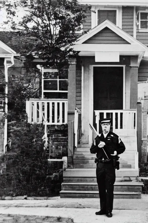 Image similar to a 5 0's police officer in front of the house, residential neighborhood