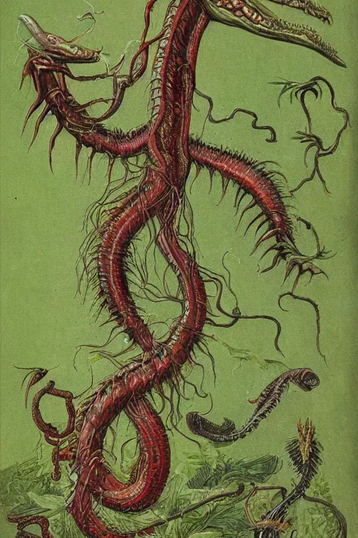 Image similar to a carnivorous plant with a long vine and the head of a barracuda, a carnivorous plant with a long vine and the head of a alligator, side view of a plant showing roots stem and bud, plant photograph showing roots underground