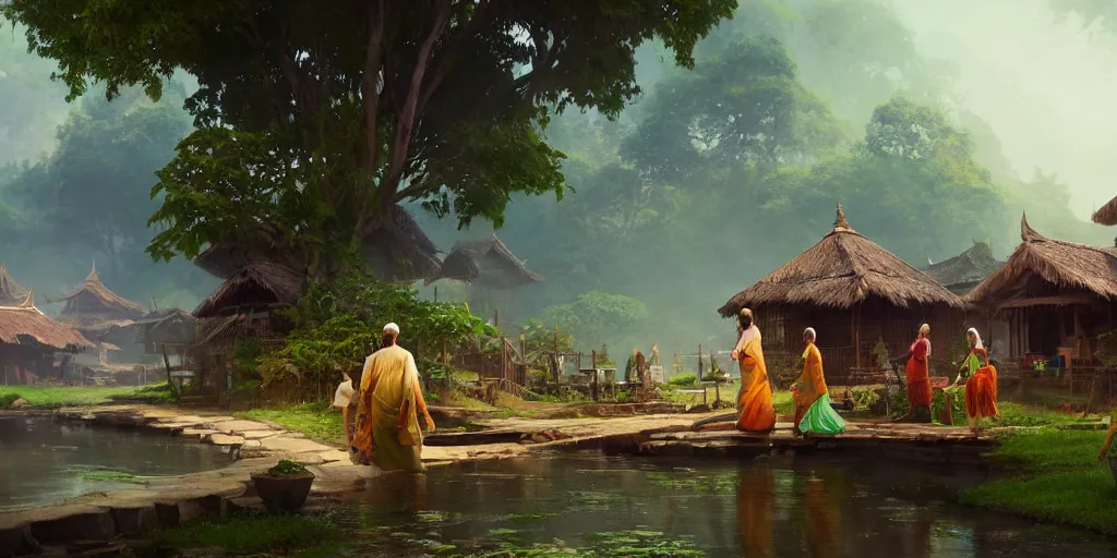 Image similar to kerala village, sharp focus, wide shot, trending on ArtStation, masterpiece, by Greg Rutkowski, by Ross Tran, by Fenghua Zhong, octane, soft render, ultrarealistic, colorful, cinematic