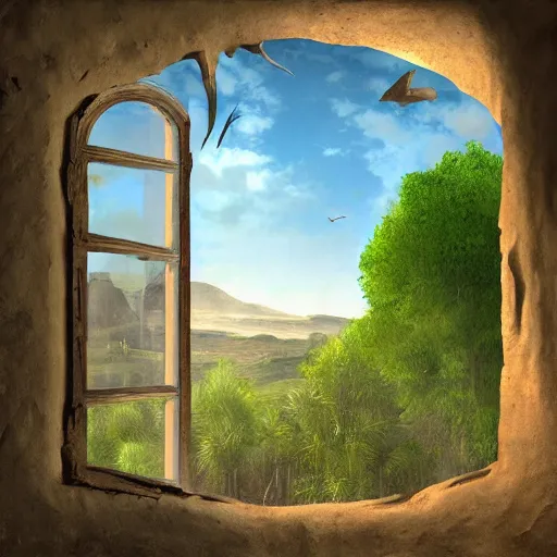 Image similar to a pre historic landscape seen through a window, digital art, trending on artstation