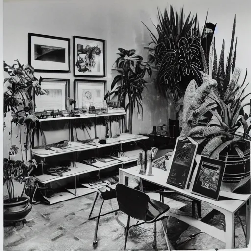 Image similar to A black and white photography of an exhibition space with objects of Sun Ra, Marcel Duchamp and tropical plants, 60s, offset lithography print, newspaper, distant shot