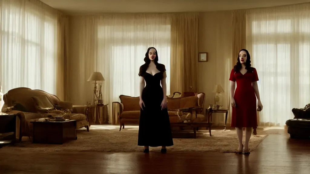 Image similar to Kat Dennings standing in the living room, film still from the movie directed by Denis Villeneuve with art direction by Salvador Dalí, wide lens, 4K, realistic