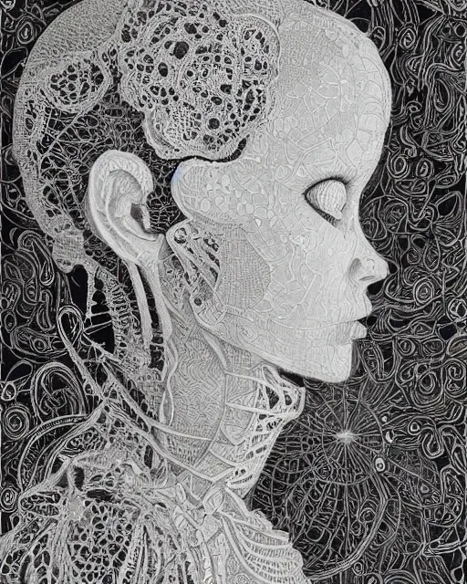 Image similar to a woman's face in profile, made of intricate decorative lace skeleton, in the style of the dutch masters and gregory crewdson, dark and moody