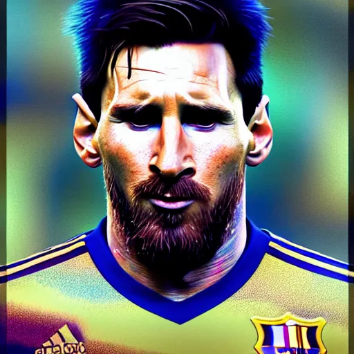 Prompt: lionel messi, hyper detailed, digital art, trending in artstation, cinematic lighting, studio quality, smooth render, unreal engine 5 rendered, octane rendered, art style by klimt and nixeu and ian sprigger and wlop and krenz cushart