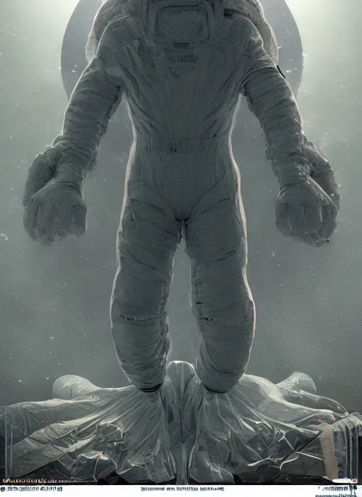 Image similar to astronauts in the dark infinite underwater void - complex and hyperdetailed technical suit, fabric material. reflection and dispersion materials. rays and dispersion of light. volumetric light. wide angle, f / 3 2. noise film photo. flash photography. ultra realistic, wide angle. poster by wayne barlowe, hajime sorayama aaron horkey, craig mullins