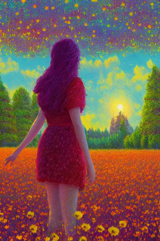 Prompt: flower growing out of girl body, standing in a flower field, big trees, sunrise dramatic light, impressionist painting, colorful clouds, digital painting, pointillism, artstation, simon stalenhag