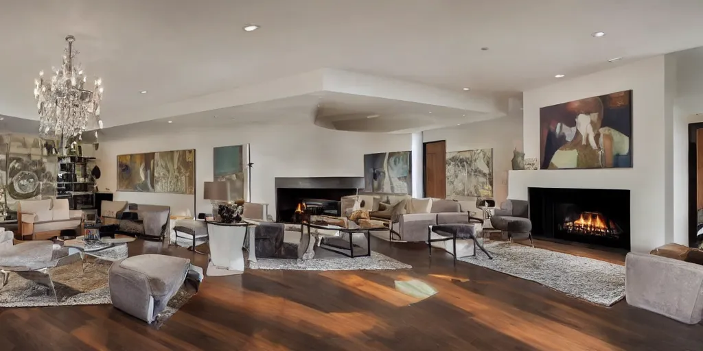 Image similar to a modern living room with dark wood floors and muted colored walls, adjacent hallways, and a wall sized 6 0's hollywood fireplace, low hanging art deco chandeliers.