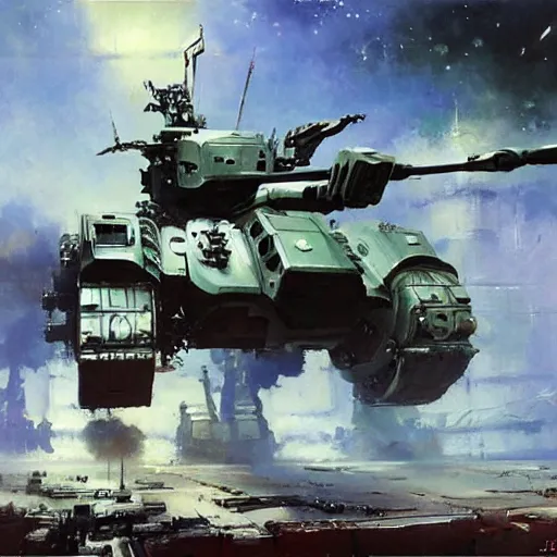 Image similar to a futuristic mech tank with six robot legs and a huge cannon, painting by john berkey