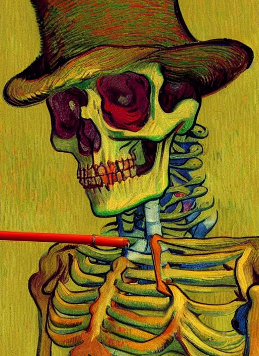 Image similar to a painted portrait of a rainbow skeleton smoking a cigarrette, by Vincent Van Gogh, artstation trending