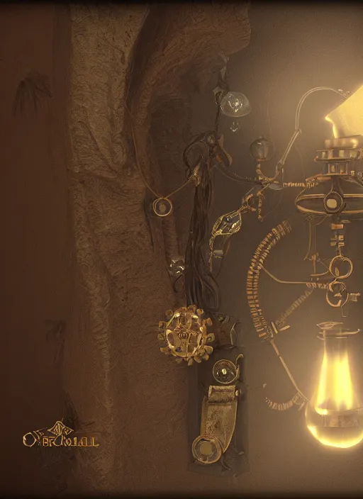 Image similar to steampunk amulet with diamond jewel and small steam tubes, volumetric lightning, octane render, realistic fog, extremely high detailed