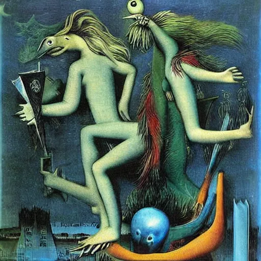 Image similar to strange mythical beasts of whimsy, dark uncanny surreal colllage by max ernst