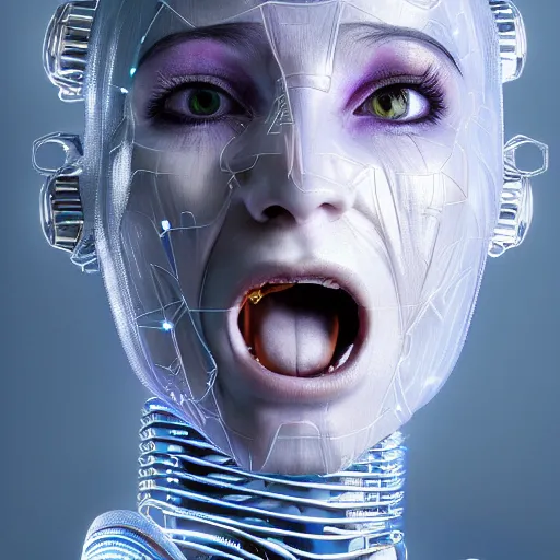 Prompt: beautiful centered Fine art photo portrait of screaming Allison Parker as a solarpunk robotic humanoid, white mechanical parts with led lights, photorealistic, white background, highly detailed and intricate, sunset lighting, HDR 8k