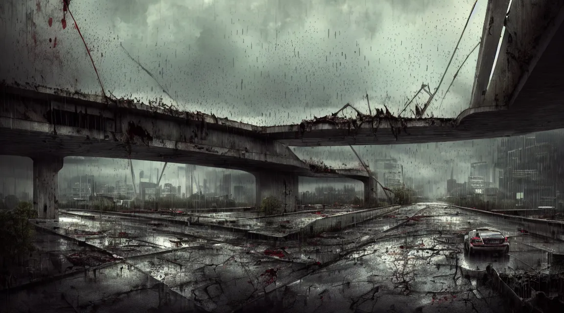 Image similar to post apocalyptic bridge, raining, building, avenue, modern contemporary urban americana concrete architecture, by pascal blanche, neil blevins, apocalyptic color palette, trending on artstation, photorealistic, wilderness ambiance, ultra detailed, high definition, depth of field, bokeh, rubble, wild vegetation, blood stains, building crumbling