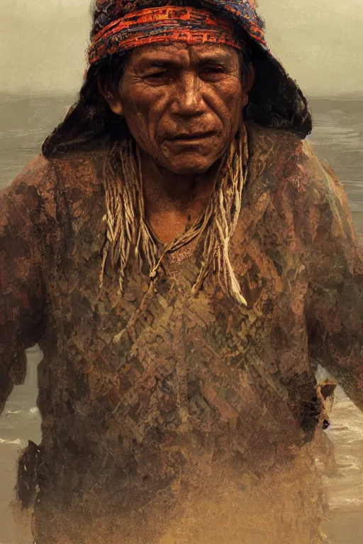 Image similar to aztec fisherman, close - up portrait, poor, intricate, elegant, volumetric lighting, scenery, digital painting, highly detailed, artstation, sharp focus, illustration, concept art, ruan jia, steve mccurry