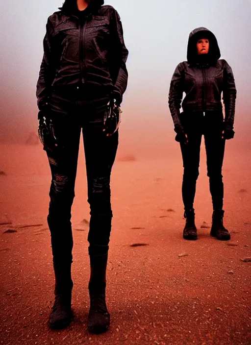 Image similar to cinestill 5 0 d photographic portrait of two loving female androids wearing rugged black techwear on a desolate plain with a red sky, extreme closeup, lizard on ground, cyberpunk style, in front of a brutalist dark metal facility, dust storm, 3 5 mm, 8 k, hd, high resolution, f / 3 2, ultra realistic faces