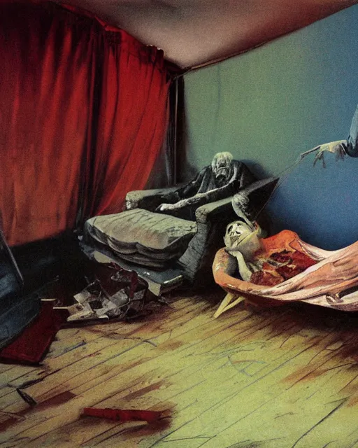 Image similar to old dead couple on couch in a decayed and ruined apartment room in the style of Francis Bacon and Syd Mead and Norman Rockwell and Beksinski, open ceiling, highly detailed, painted by Francis Bacon and Edward Hopper, painted by James Gilleard, surrealism, airbrush, very coherent, triadic color scheme, art by Takato Yamamoto and James Jean