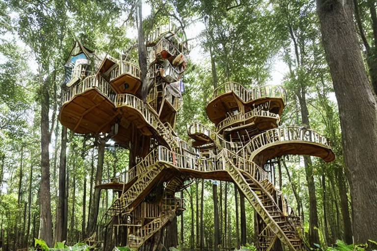 Prompt: an elaborate surreal expansive treehouse maze