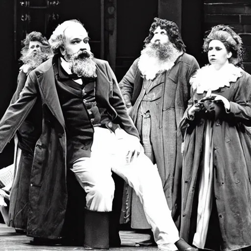 Image similar to a still from a broadway musical about karl marx produced by lin manuel miranda, journalistic photography