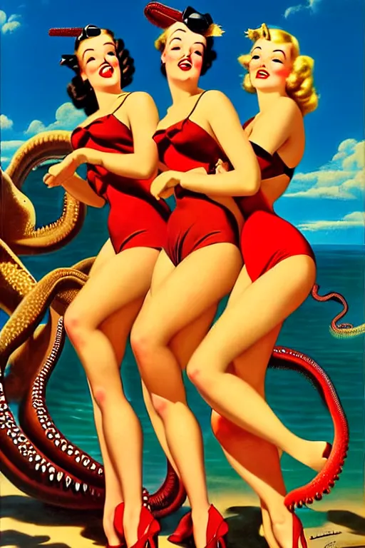 Image similar to 1940s group of pinup bikini girls being hugged by giant octopus, oil painting, by Gil Elvgren