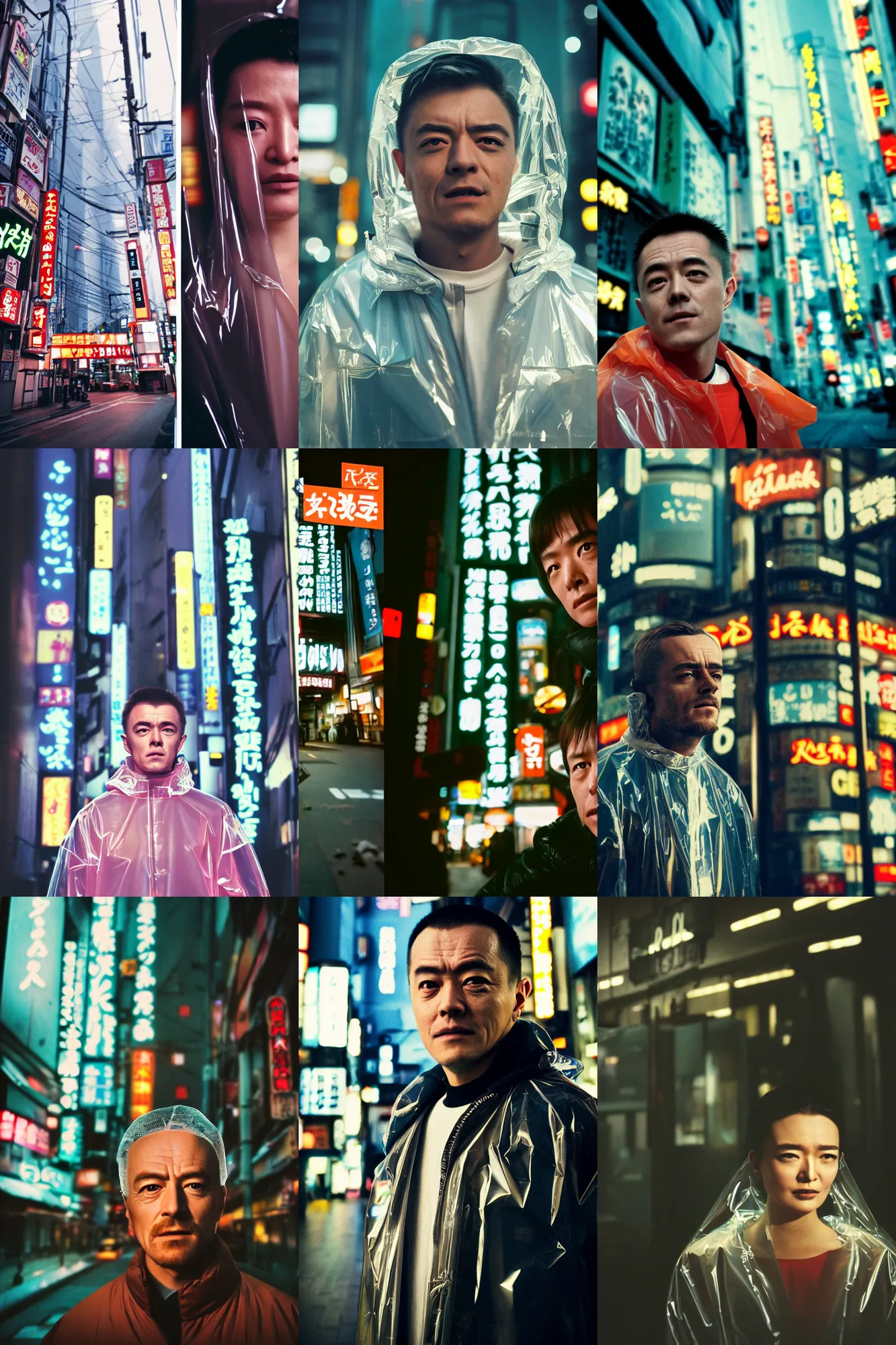 Prompt: Kodak Portra 400, 8K, highly detailed, breaking bad style 3/4 extreme closeup portrait, clear eyes, focus on clear transparent raincoat model, tilt shift zaha hadid style background: famous blade runner remake, tokyo izakaya scene