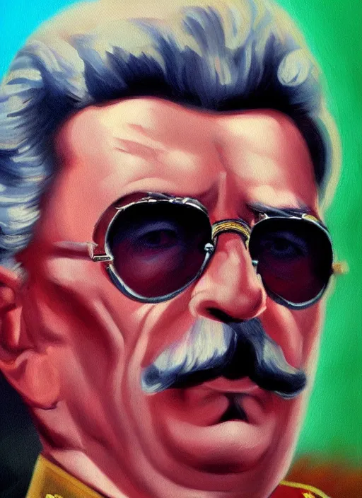 Prompt: high detail portrait oil painting illustration of Joseph Stalin in sunglasses, scenic background, dramatic, action hero, 80s movie, artstation, high quality
