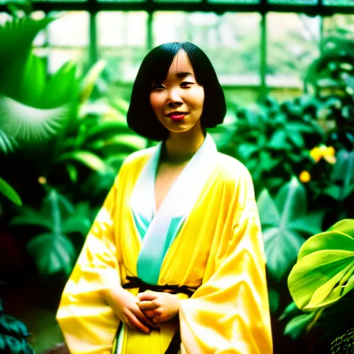 Image similar to Photograph. Film still. of a young woman!!! wearing a yellow kimono in a tropical greenhouse, 4K. 35 mm lens, bokeh