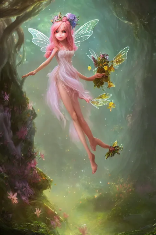 Image similar to a cute fairy in the dreamy forest, fantasy, dreamlike, 8 k resolution, hyper detailed, d & d, character design, digital painting, trending on artstation, sharp focus, illustration, art by viktoria gavrilenko, hoang lap, fuji choko, steve zheng