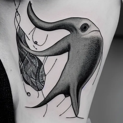 Image similar to white spermwhale in the ocean, awardwinning elegant modern tattoo design sketch on white background