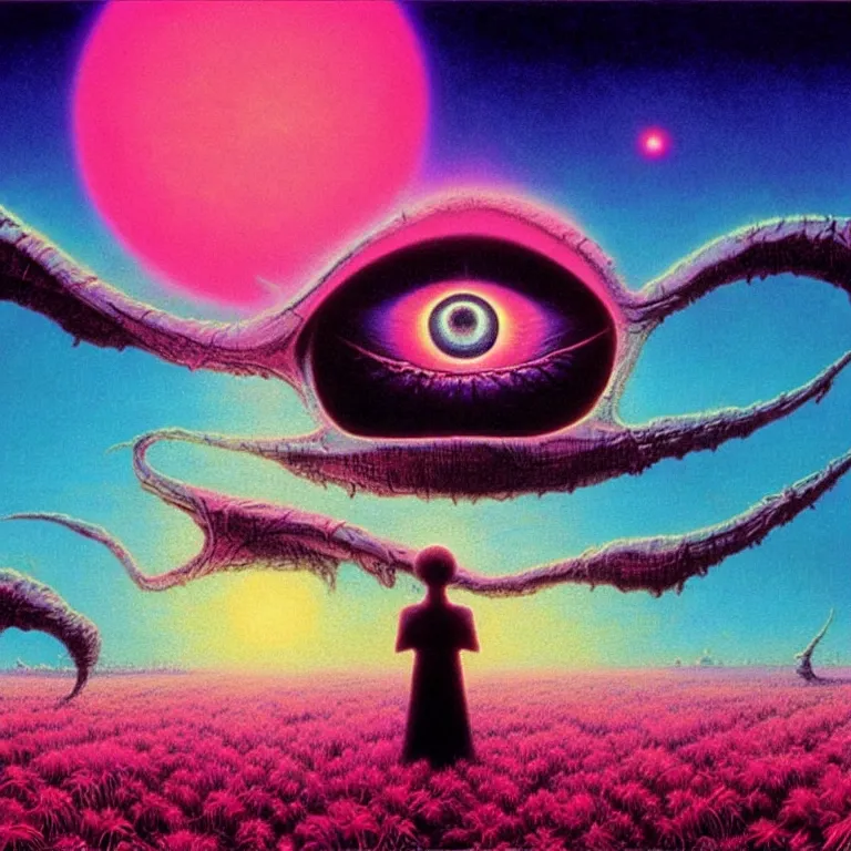 Image similar to symbolic eyeball in hand over pink fields of infinite quantum ghosts, synthwave, bright neon colors, highly detailed, cinematic, tim white, vladimir kush, philippe druillet, roger dean, bob eggleton, michael whelan, boris vallejo, alfred kelsner, kubrick, jaroslaw jasnikowski