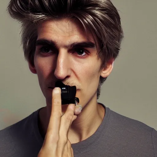 Image similar to a closeup photo of handsome gigachad xqc smoking