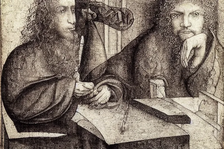 Image similar to ! dream an annoyed curly - haired persian guy programmer by leonardo davinci, hieronymous bosch, mc escher