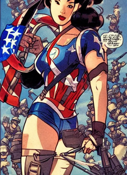 Prompt: asian female captain america standing on a pile of defeated ss soldiers. feminist captain america wins ww 2. american ww 2 propaganda poster by masamune shirow and pixar. gorgeous face. pin up. overwatch.