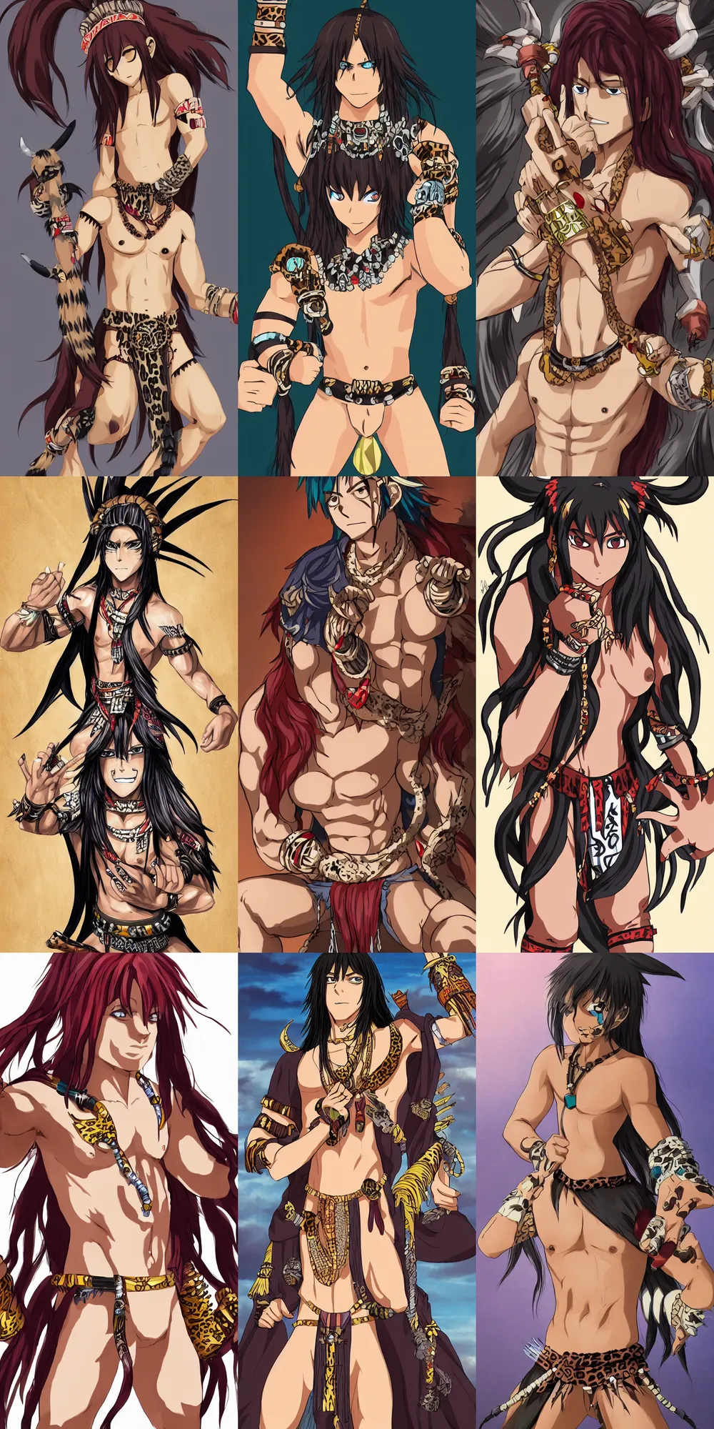 Prompt: anime tribal boy with long hair, loincloth, wearing leopard paw with claws as gauntlet, trending on pixiv