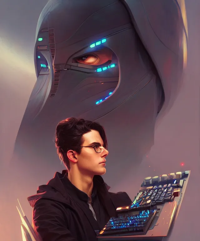 Image similar to Hacker man hacks computer, highly detailed, digital painting, artstation, concept art, smooth, sharp focus, illustration, art by artgerm and greg rutkowski and alphonse mucha