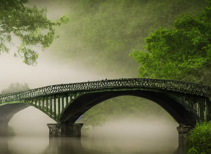 Prompt: a photograph of an emerald bridge over a wine river. Detailed. mythical. magical. mist. foggy. 4k. 800 iso.