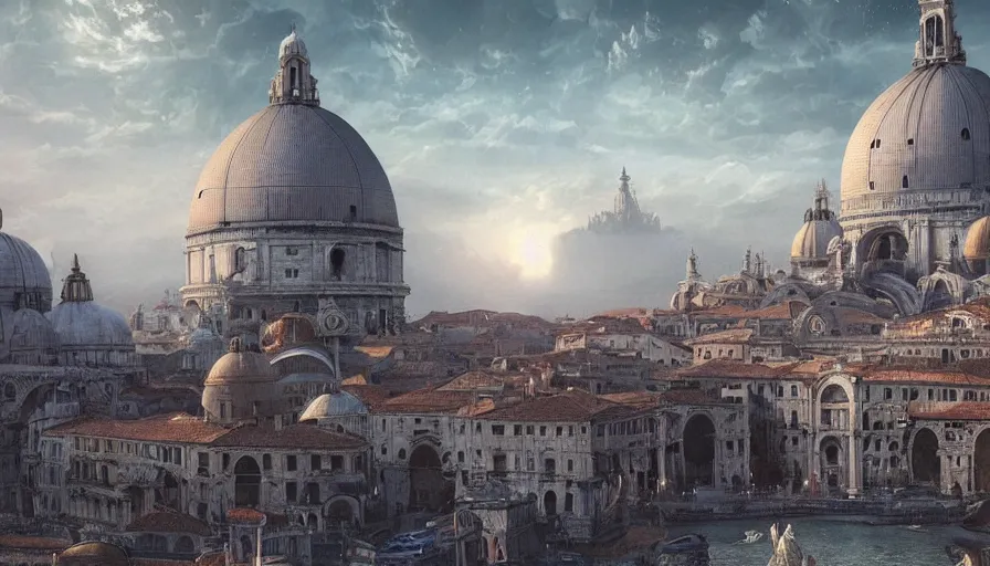 Prompt: a giant alien ufo high tech spaceship eerily hovering on italy venice city landscape with beautiful temples by greg rutkowski, artgerm, ross tran, magali villeneuve, intricate, time travel theme, audince in awe, spectacle, audience sorrounding, award winning, octane render, masterpiece, 8 k, beautiful