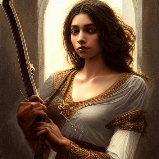 Image similar to artstation concept of a beautiful girl holding a sword in both hands, brown skin, symmetrical face, casual white garment, shiny colorful, hyperdetailed, artstation trending, world renowned artists, worth1000.com, historic artworks society, antique renewel, cgsociety, by greg rutkowski, by Gustave Dore, Deviantart