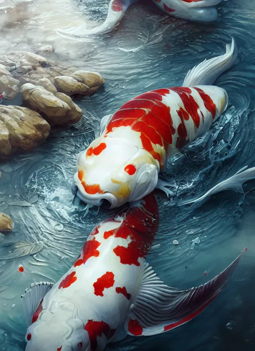 Prompt: subsurface scattering, white, koi, samurai with scale armor and plumes, by jesper ejsing, justin gerard, tomasz alen kopera, cgsociety and fenghua zhong, highly detailed, rim light, cinematic lighting, illustration, art, octane render, very coherent, cinematic, hyper realism, high detail, octane render, 8 k