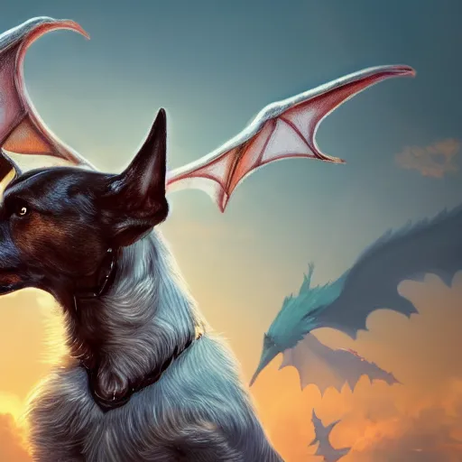 Prompt: a painting of a dog with dragon wings, hd, hdr, ue 5, ue 6, unreal engine 5, cinematic 4 k wallpaper, 8 k, ultra detailed, high resolution, artstation, award winning