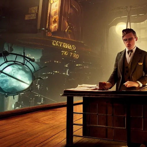 Image similar to a highly detailed cinematic photo from a live - action bioshock movie. andrew ryan, portrayed by ryan gosling, is shown standing in a 1 9 3 0's office with a large desk in front of a floor - to - ceiling window looking out onto the underwater city of rapture shining in the distance, sea life is shown outside of the window