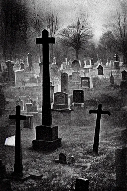 Image similar to Black and white camera obscura image of creepy cemetery, 1910s paris, crow, scary, horror, dark mood