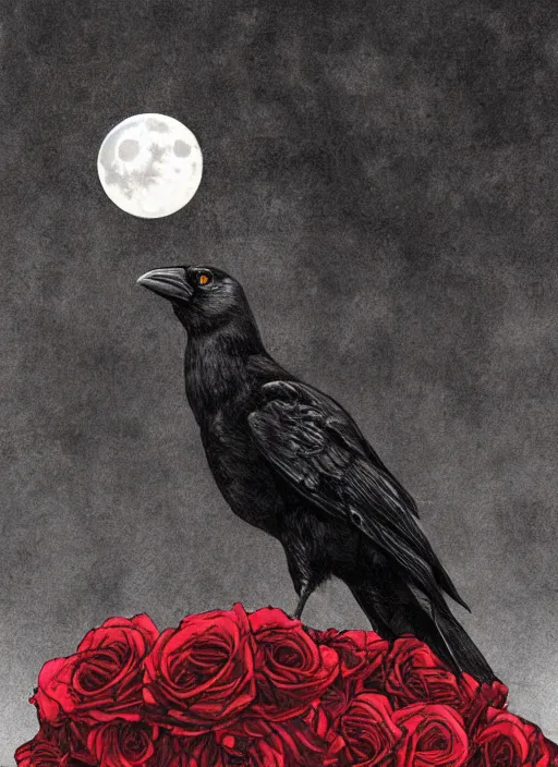 Image similar to portrait, A crow with red eyes in front of the full big moon, book cover, red roses, red white black colors, establishing shot, extremly high detail, foto realistic, cinematic lighting, pen and ink, intricate line drawings, by Yoshitaka Amano, Ruan Jia, Kentaro Miura, Artgerm, post processed, concept art, artstation, matte painting, style by eddie mendoza, raphael lacoste, alex ross